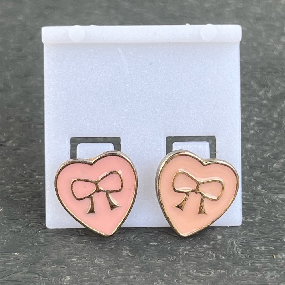 Gold Tone Bow in Pink Heart Stud Earrings; Soft Rubber Back; NWOT